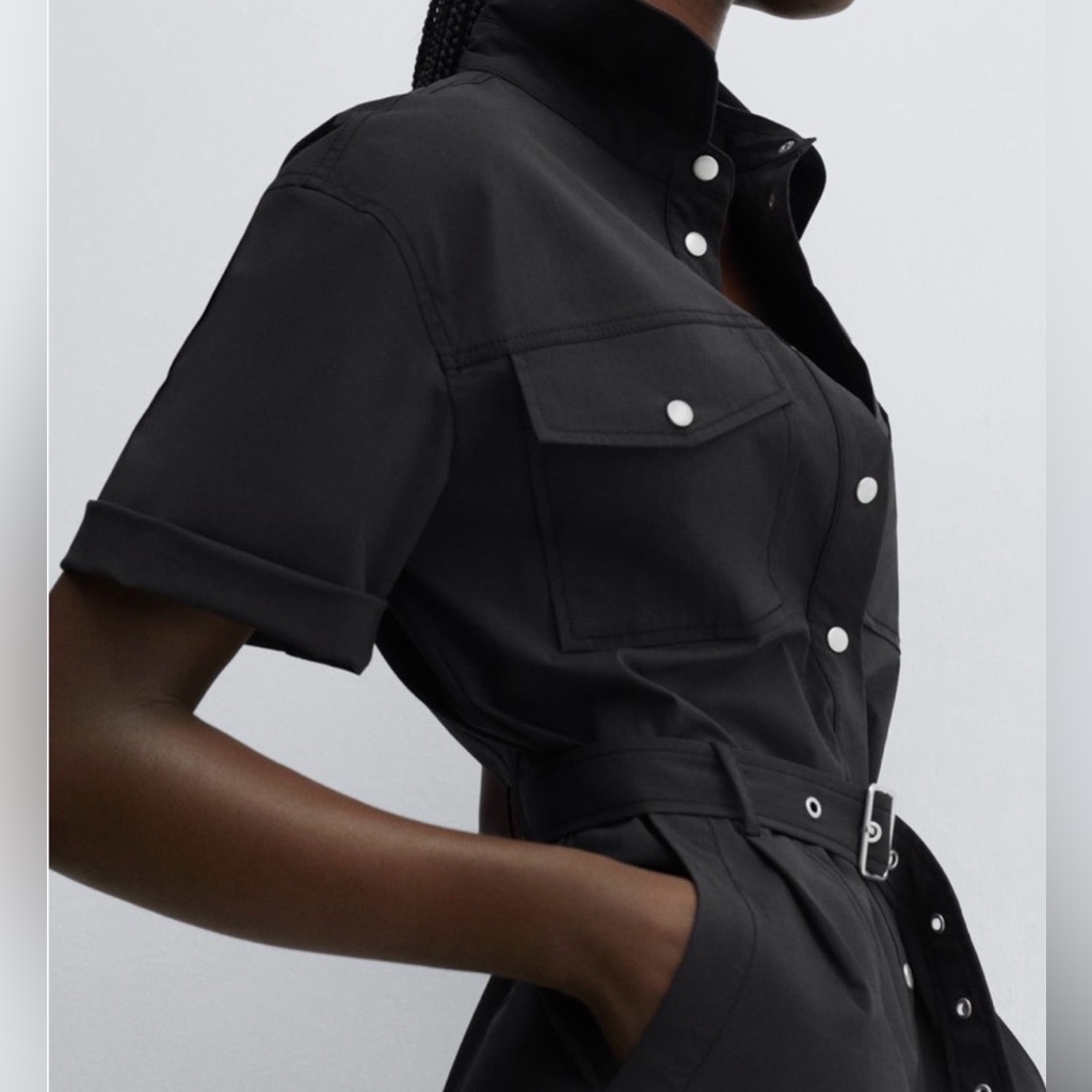 Mango Black Short-Sleeve Collared Belted Shirt Dress - Women